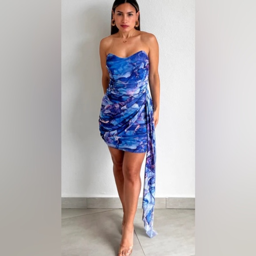 Luxxel Strapless Blue Purple Marble Mini Dress